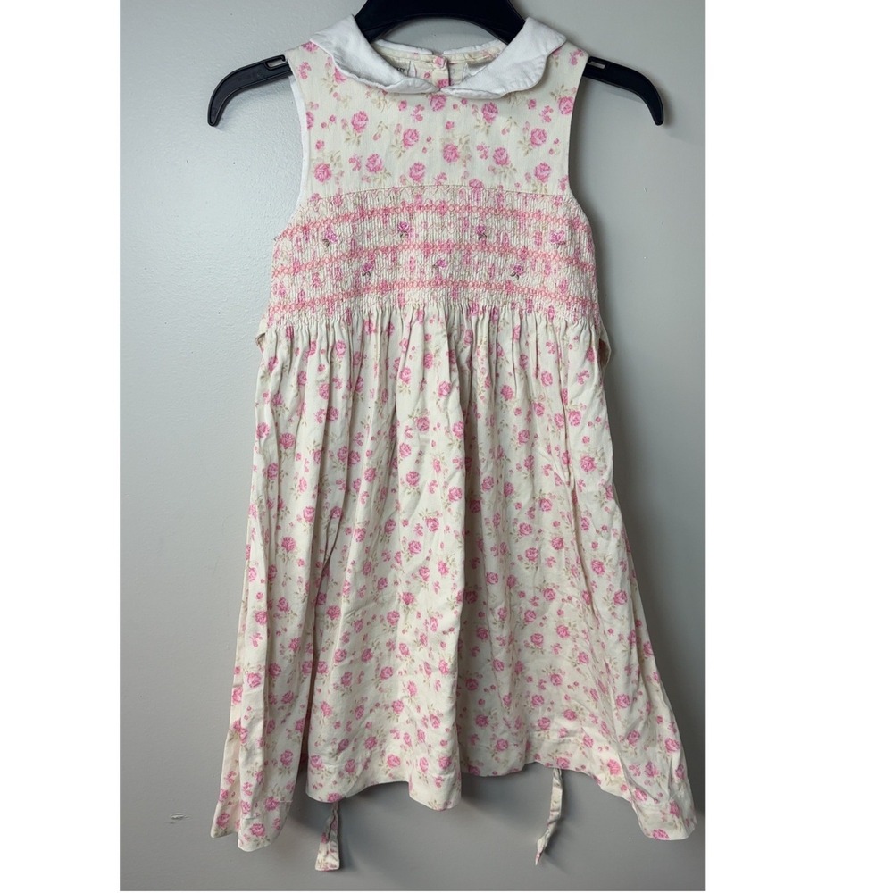 Laura Ashley | Girls Vintage Pink Floral Smocked Peter Pan Collar Dress | Size 6